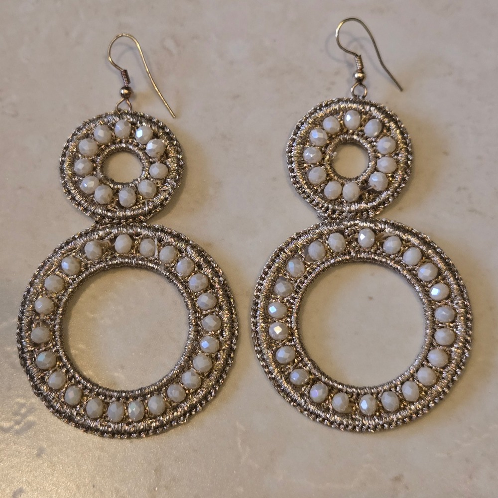 Woven Gold Metallic Double Hoop Beaded Drop Earrings White Faceted Accents Boho